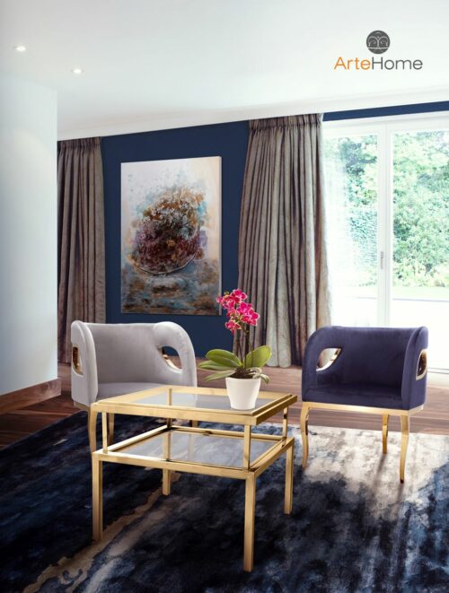 Stolik kawowy janssen złoty fotele Morello szary i niebieski obraz Accarti aranżacja salonu